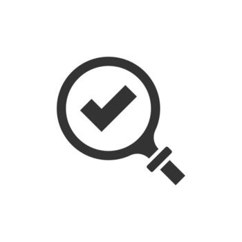Check mark with magnifying glass icon in flat style. Loupe accept vector illustration on white isolated background. Search checklist business concept.