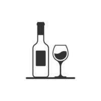 Wine glass and bottle icon in flat style. Champagne beverage vector illustration on isolated background. Cocktail drink sign business concept.