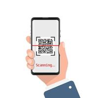 ilustración de escaneo de código qr en estilo plano. Ilustración de vector de escaneo de teléfono móvil sobre fondo aislado. lector de código de barras en concepto de negocio de signo de mano.