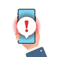 Phone notifications icon in flat style. Smartphone with exclamation point in hand vector illustration on isolated background. Spam message sign business concept.