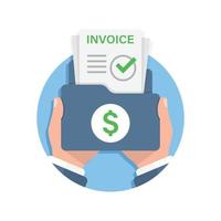 Invoice in hand illustration in flat style. Transaction document vector illustration on isolated background. Tax form sign business concept.