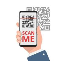 QR code scan illustration in flat style. Mobile phone scanning vector illustration on isolated background. Barcode reader in hand sign business concept.