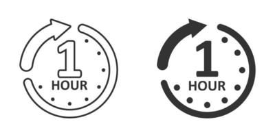 1 hour clock icon in flat style. Timer countdown vector illustration on isolated background. Time measure sign business concept.