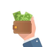 Wallet with money in hand illustration in flat style. Online payment vector illustration on isolated background. Cash and purse sign business concept.