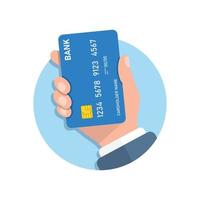 tarjeta de crédito en la ilustración de la mano en estilo plano. ilustración de vector de pago en línea sobre fondo aislado. concepto de negocio de signo bancario.