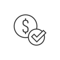 Coin check mark icon in flat style. Money approval vector illustration on white isolated background. Confirm business concept.