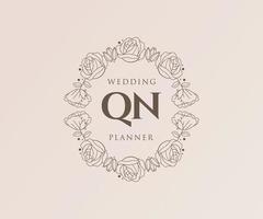 colección de logotipos de monograma de boda con letras iniciales qn, plantillas florales y minimalistas modernas dibujadas a mano para tarjetas de invitación, guardar la fecha, identidad elegante para restaurante, boutique, café en vector