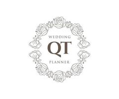 QT Initials letter Wedding monogram logos collection, hand drawn modern minimalistic and floral templates for Invitation cards, Save the Date, elegant identity for restaurant, boutique, cafe in vector