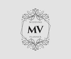 MV Initials letter Wedding monogram logos collection, hand drawn modern minimalistic and floral templates for Invitation cards, Save the Date, elegant identity for restaurant, boutique, cafe in vector