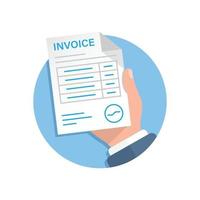 Invoice in hand illustration in flat style. Transaction document vector illustration on isolated background. Tax form sign business concept.