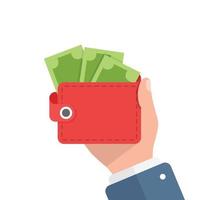 Wallet with money in hand illustration in flat style. Online payment vector illustration on isolated background. Cash and purse sign business concept.