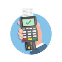 Male hand holding POS payment machine icon in flat style. Online payment vector illustration on isolated background. Banking transaction sign business concept.