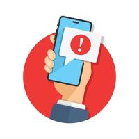 Phone notifications icon in flat style. Smartphone with exclamation point in hand vector illustration on isolated background. Spam message sign business concept.