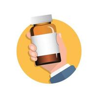 Pill bottle in hand illustration in flat style. Medical capsules vector illustration on white isolated background. Pharmacy sign business concept.