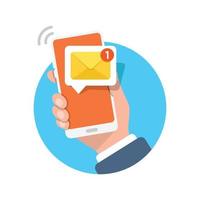 Hand holding smartphone icon in flat style. Incoming message vector illustration on isolated background. Email notification sign business concept.