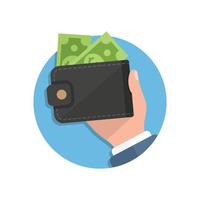 Wallet with money in hand illustration in flat style. Online payment vector illustration on isolated background. Cash and purse sign business concept.