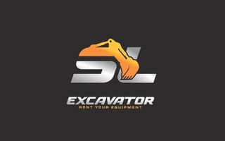 SL logo excavator for construction company. Heavy equipment template vector illustration for your brand.