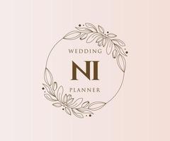 colección de logotipos de monograma de boda con letras iniciales ni, plantillas florales y minimalistas modernas dibujadas a mano para tarjetas de invitación, guardar la fecha, identidad elegante para restaurante, boutique, café en vector