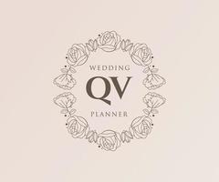 colección de logotipos de monograma de boda con letras iniciales qv, plantillas florales y minimalistas modernas dibujadas a mano para tarjetas de invitación, guardar la fecha, identidad elegante para restaurante, boutique, café en vector