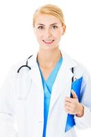 Doctor Holding Clipboard Over White Background photo