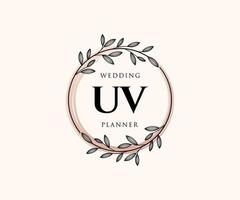 colección de logotipos de monograma de boda con letras iniciales uv, plantillas florales y minimalistas modernas dibujadas a mano para tarjetas de invitación, guardar la fecha, identidad elegante para restaurante, boutique, café en vector