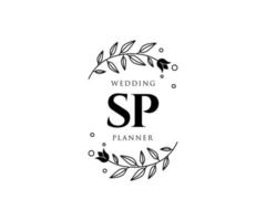 Colección de logotipos de monograma de boda con letras iniciales sp, plantillas florales y minimalistas modernas dibujadas a mano para tarjetas de invitación, guardar la fecha, identidad elegante para restaurante, boutique, café en vector