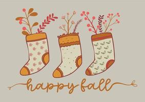 Comfy Socks for Autumn Season with Floral And Quote Happy Fall Composition Design Vector Illustration