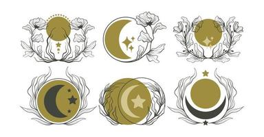 boho moon mystic celestial elementos florales y símbolos colección de gráficos vectoriales 02 vector