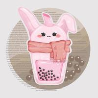 Cute Bunny Boba Milktea wearing Scarf for Winter Theme Watercolor Clipart Illustration vector