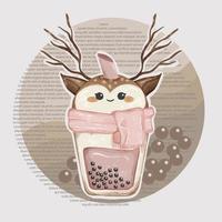 Cute Baby Deer Boba Milktea wearing Scarf for Winter Theme Watercolor Clipart Illustration vector