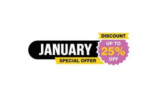 25 Percent JANUARY discount offer, clearance, promotion banner layout with sticker style. vector