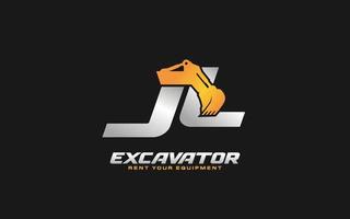 JL logo excavator for construction company. Heavy equipment template vector illustration for your brand.