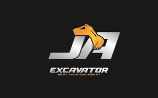 JA logo excavator for construction company. Heavy equipment template vector illustration for your brand.