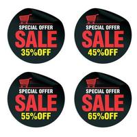 Black sale stickers set with shopping cart. Special offer 35, 45, 55, 65 off vector