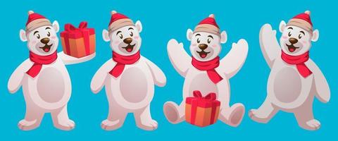 personajes navideños de osos polares con sombrero de santa, regalo y bufandas vector