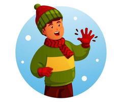 little boy with greeting gesture and wearing a jacket in winter vector