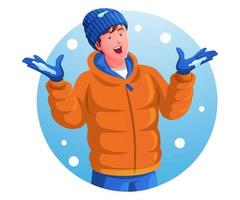 Happy man enjoying snow on a snowy day in winter vector