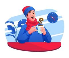 a man wears warm clothes and drinks a cup of warm drink vector