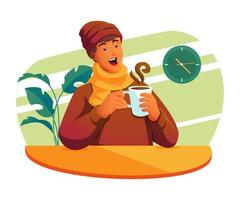 a man wears warm clothes and drinks a cup of warm drink vector