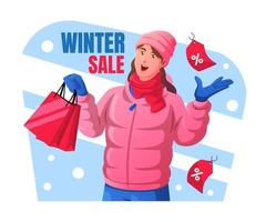 winter sale concept with shopper wearing warm clothes and carrying shopping bags vector