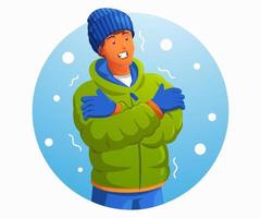 un hombre que siente frío y usa una chaqueta en invierno vector