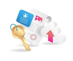 Flat isometric 3d illustration of confidential personal data in cloud server vector