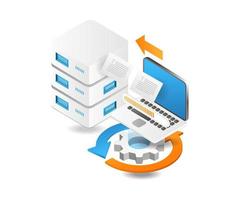 proceso de procesamiento de datos de servidor de nube de ilustración 3d isométrica plana vector