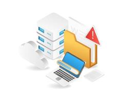 Flat isometric 3d illustration cloud server data problem control process vector