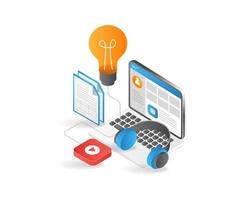 Flat isometric 3d illustration of learning online with video tutorials vector