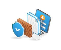 Flat isometric 3d illustration of internet safety wall personal computer data vector