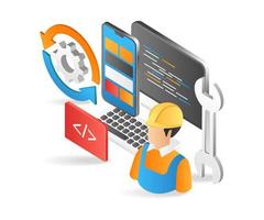 Flat isometric 3d illustration of a web application designer and maintainer vector