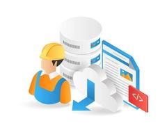 Flat isometric 3d illustration web hosting database maintenance programmer vector