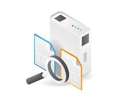 Flat isometric 3d illustration looking for important data on server vector