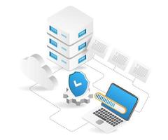 Flat isometric 3d illustration security process send data to server vector